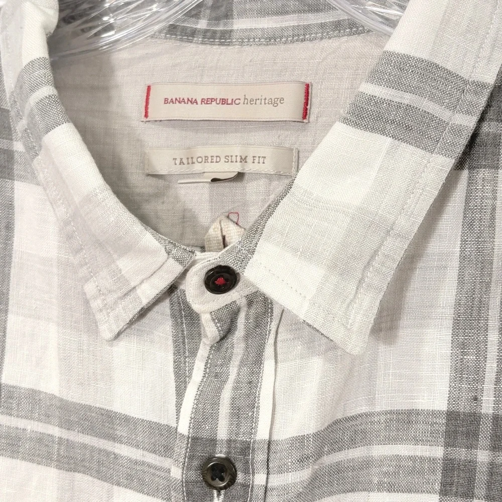 Banana Republic Men Linen Button Down Shirt Large Plaid Tailored Slim Fit Pocket